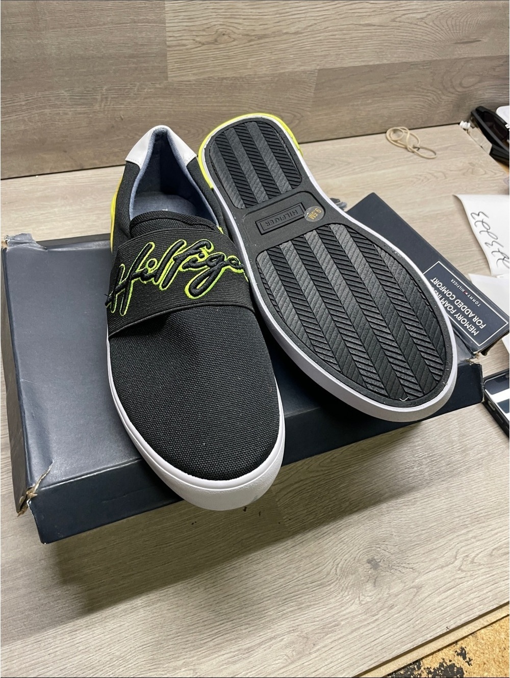 Tommy Hilfiger Black Slip-On Loafers with Neon Yellow Accents